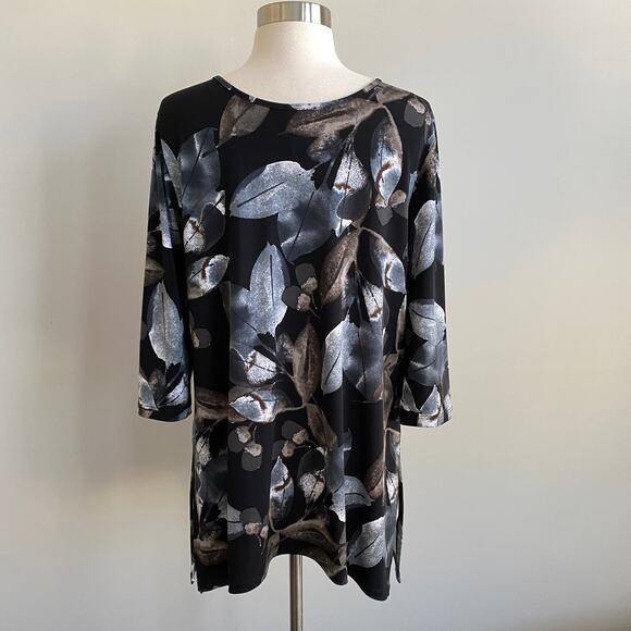 Clara Sun Woo Scoop Neck Tunic Black Grey Leaf Blouse Split Hem 3/4 Sleeve Small - Picture 5 of 7